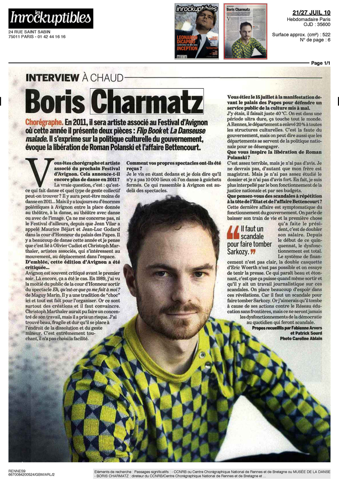 Portrait de Boris Charmatz/ Les Inrocks / 21-27 juillet 2010